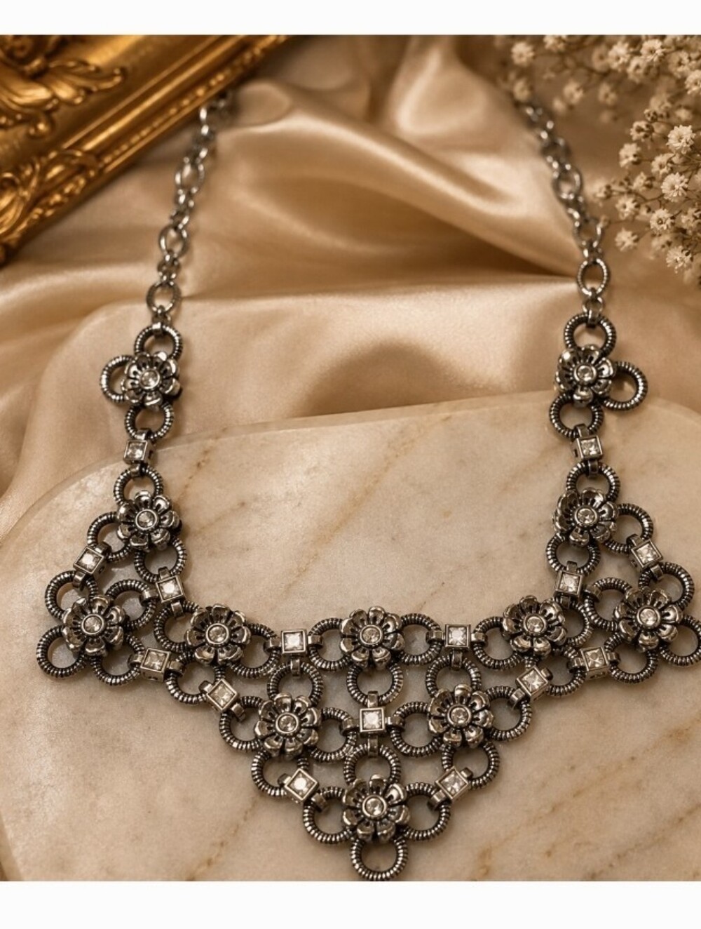 Brighton Joan of Arc Flower Crystal Bib Statement Necklace Silver Tone
